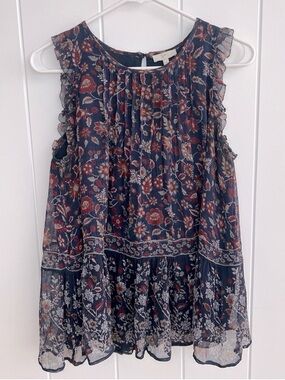 Floral Ruffle Sleeveless Blouse - Navy/Multicolor